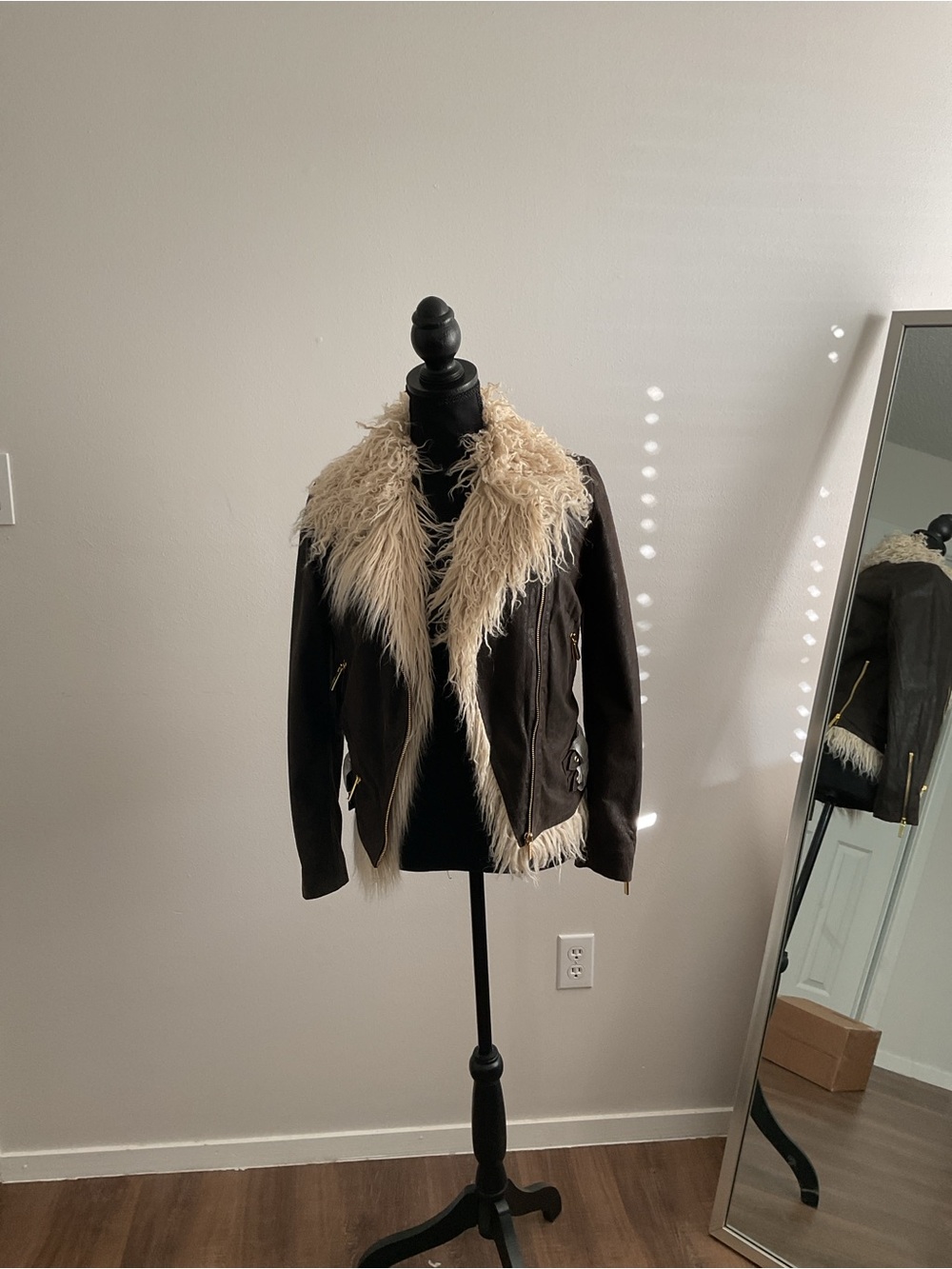 True Religion Dark Brown Jacket with Cream Faux Shearling Collar